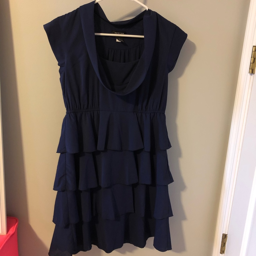 Navy blue ruffle dress U neckline